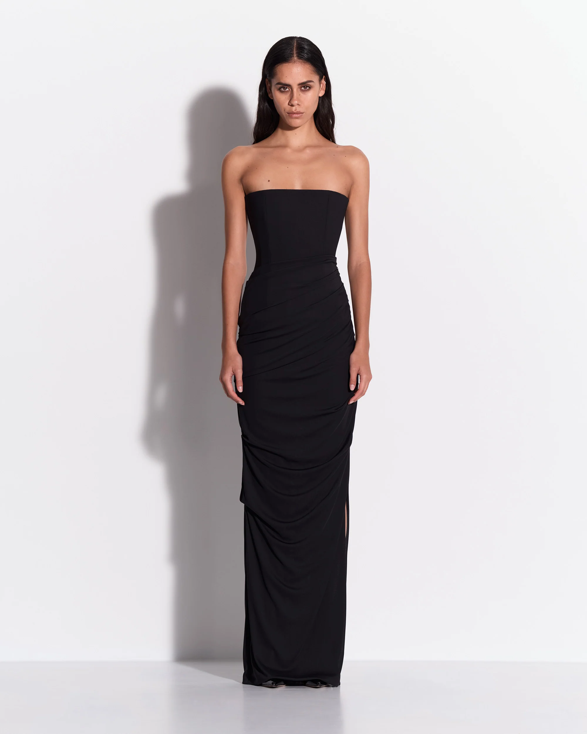 Strapless Tucked Column in Stretch Mesh